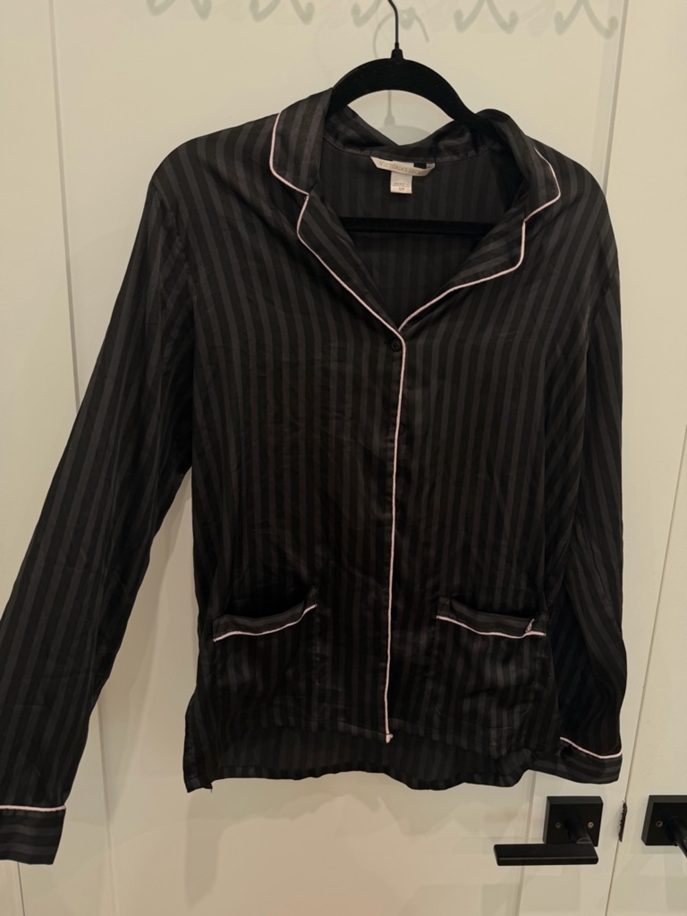 Victorias Secret- Black Satin Stripe Pajama Top with Pink Piping